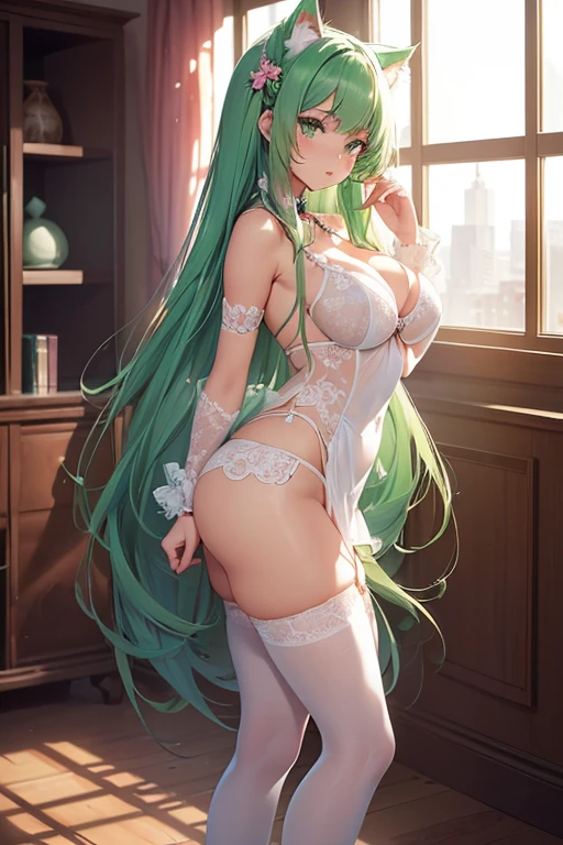 /(Girl),(anime),(long green hair and green eyes),(18 years old),(full body with GL size breasts),(and big ass),(white),(Super mega beautiful),(super hot and sexual),(sexy ass),(super mega beautiful),(super mega busty),(super mega gigantic breasts),(height 1.72),(super mega hot and with the structured body),(Slender body and the proportions of her super mega gigantic breasts), (wearing),+,(This adorable yet eye-catching outfit features a little pink dress adorned with soft, fluffy ears that seem to peer curiously over the kitten's shoulders. Delicate lace trims frame the neckline and hem, gently accentuating the curves below. The skirt bounces playfully with each step, revealing sheer satin panties that hint at sweet secret surprises below. Glittery paw-shaped cuffs complete the look, beckoning gentle hands to explore and appreciate this stunning feline fantasy. Prepare to surrender to the whimsy of this sensual feline creation.)