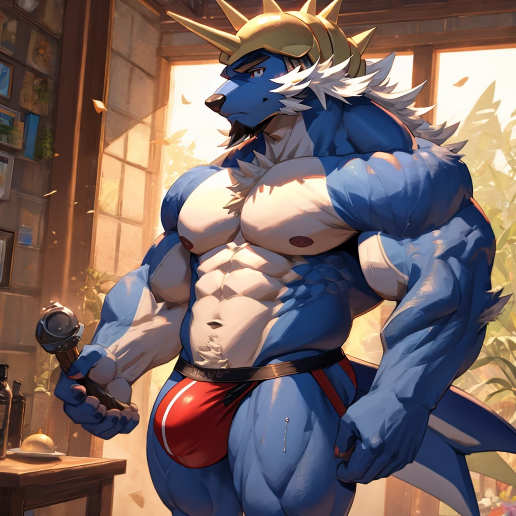 Samurott buff and in a jockstrap while having a big bulge