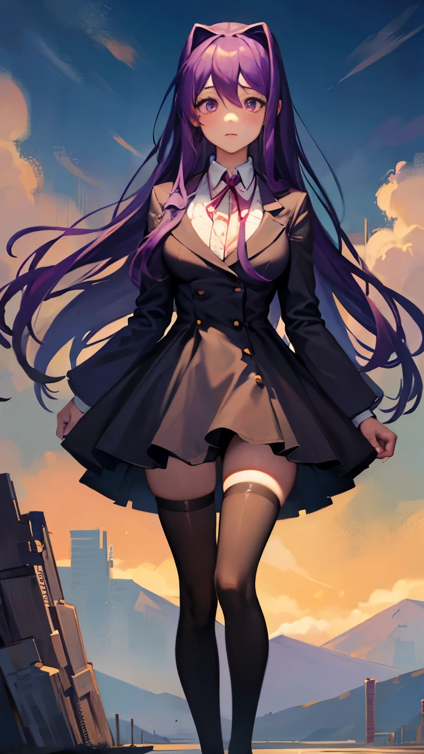 looking at viewer, half body, yuri ddlc, , purple hair, purple eyes, amazing eyes, shy, amazing, beautiful, Black dress, legs with tights