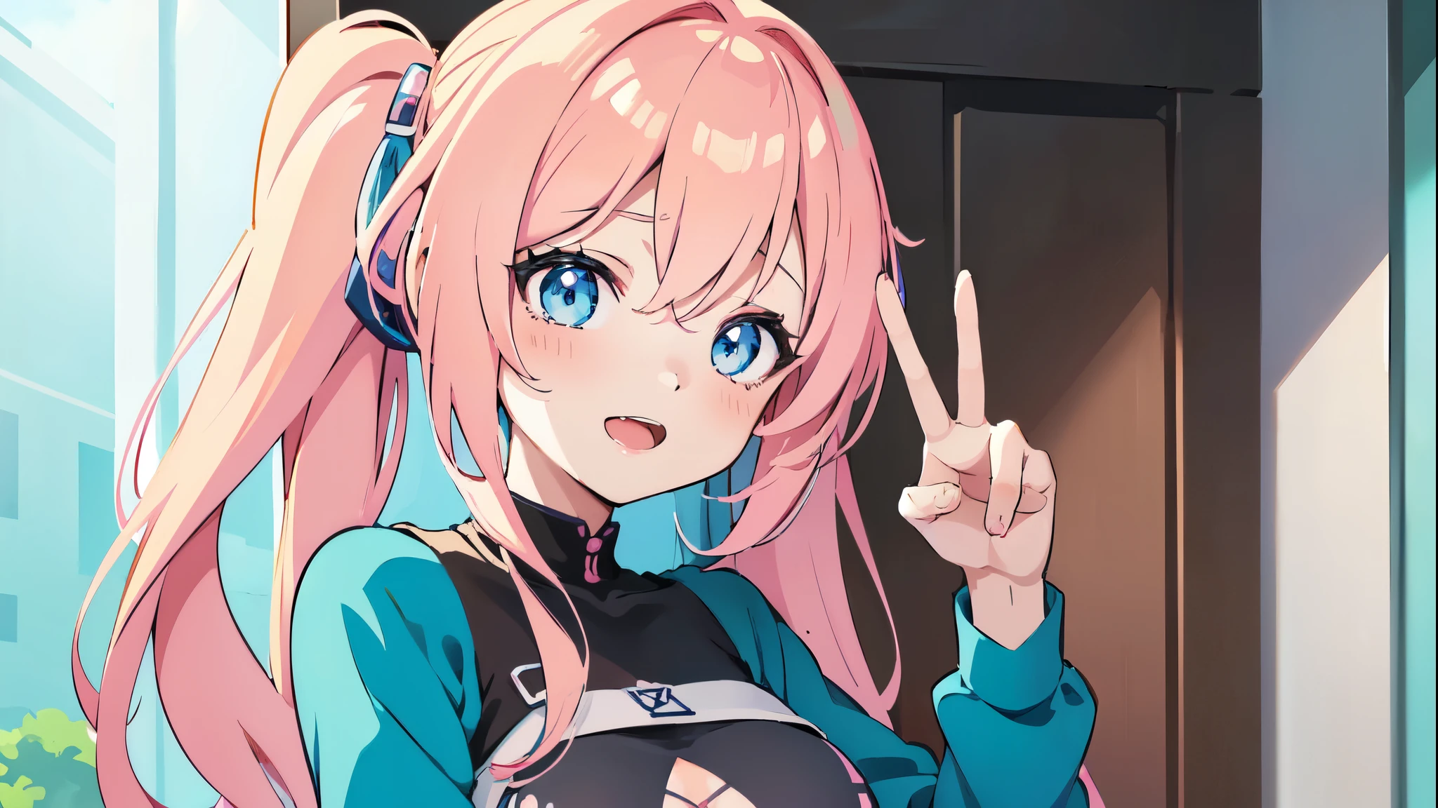 anime girl with pink hair and blue eyes making a peace sign, (1 girl) anime moe artstyle, pink twintail hair and cyan eyes, 2d anime style, shirabii, with index finger, cute anime face, twintails, anime vibes, soft anime illustration, flat anime style shading, an anime girl, in an anime style, anime visual of a cute girl, anime visual of a cute girl, smooth anime cg art, cute anime girl, young anime girl, an anime girl, female anime character, (anime girl), pretty anime girl, anime character art, anime character, big breast, anime girl, portrait anime girl, anime moe artstyle, sayori, anime best girl (BEAUTIFUL SMILE)