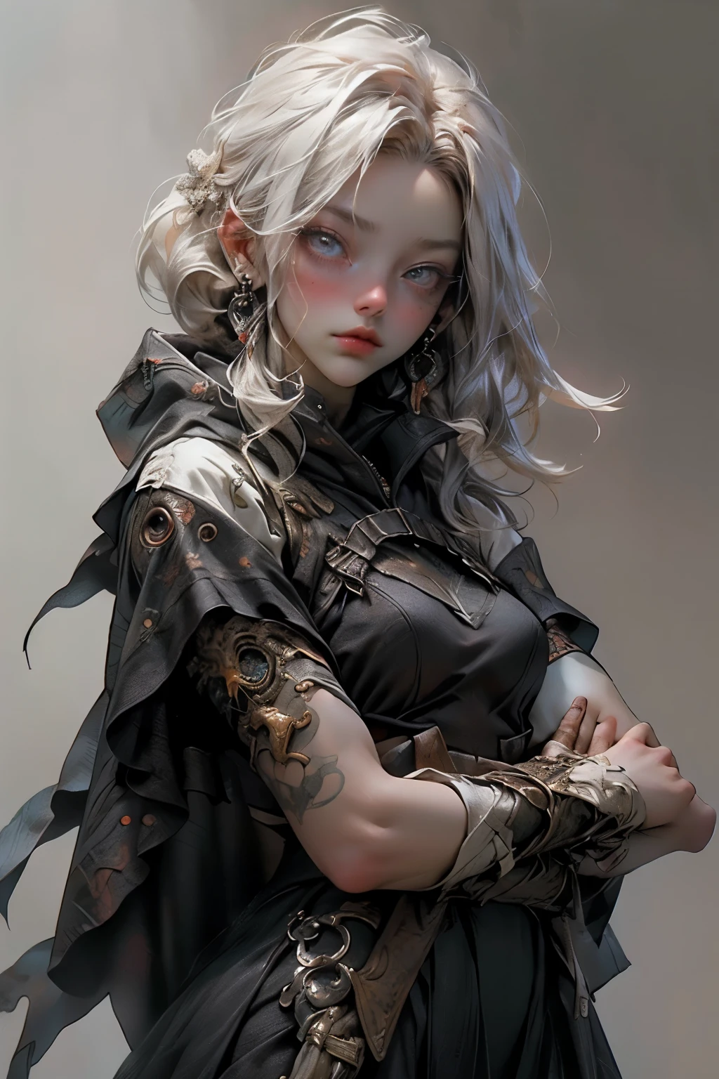 ((best quality)), ((masterpiece)), (detailed), perfect face, ((best quality)), ((masterpiece)), (detailed), perfect face(Golden ratio:1.2),(Fault color:1.3),[(White background:1.4)::10], (full bodyesbian:1.2),(Ultra-detailed:1.3), （white color background）white background, plain background, teens girl，White hair，Red glowing eyes, photorealestic,（（（Red and white trench coat））），（Red scarf)，a black pleated skirt，black t-shirts，longer sleeves，（（With a hood）），side-lighting, NSFW, Depicting female characters from ethereal anime in a high-quality anime art style，，，8K，Red and white shoes with a sense of technology，(chaotic geometric images:1.3),(nagative space:0.8), (ether colorful ink flowing:1.3), a knight, white background, plain background, Bloodborne inspired, tatty Bloodborne attire, occult aesthetic, occult, tatty red and white clothing detailed and intricate steampunk and detailed gothic lolita (with a hood), long coat, Complex laced boots, Fluttering lace flared long knee length dress with frilly petticoats, long dress, knee length dress, pleated petticoats, lolita dress, petticoats gothic lolita, beautiful small breasts, (((( Highly detailed face))), small thin nose, Small thin lips mouth, (((Very sharp focused eyes))), Very large slit precision pale grey eyes that shine like jewels. very long eyelashes, Silver hair swaying in the wind, Emitting a dazzling light in a mandala pattern, white background, Very dramatic and cinematic lighting, tatty damaged old red and white clothing, full body, whole body, body, cosmic horror, grim dark