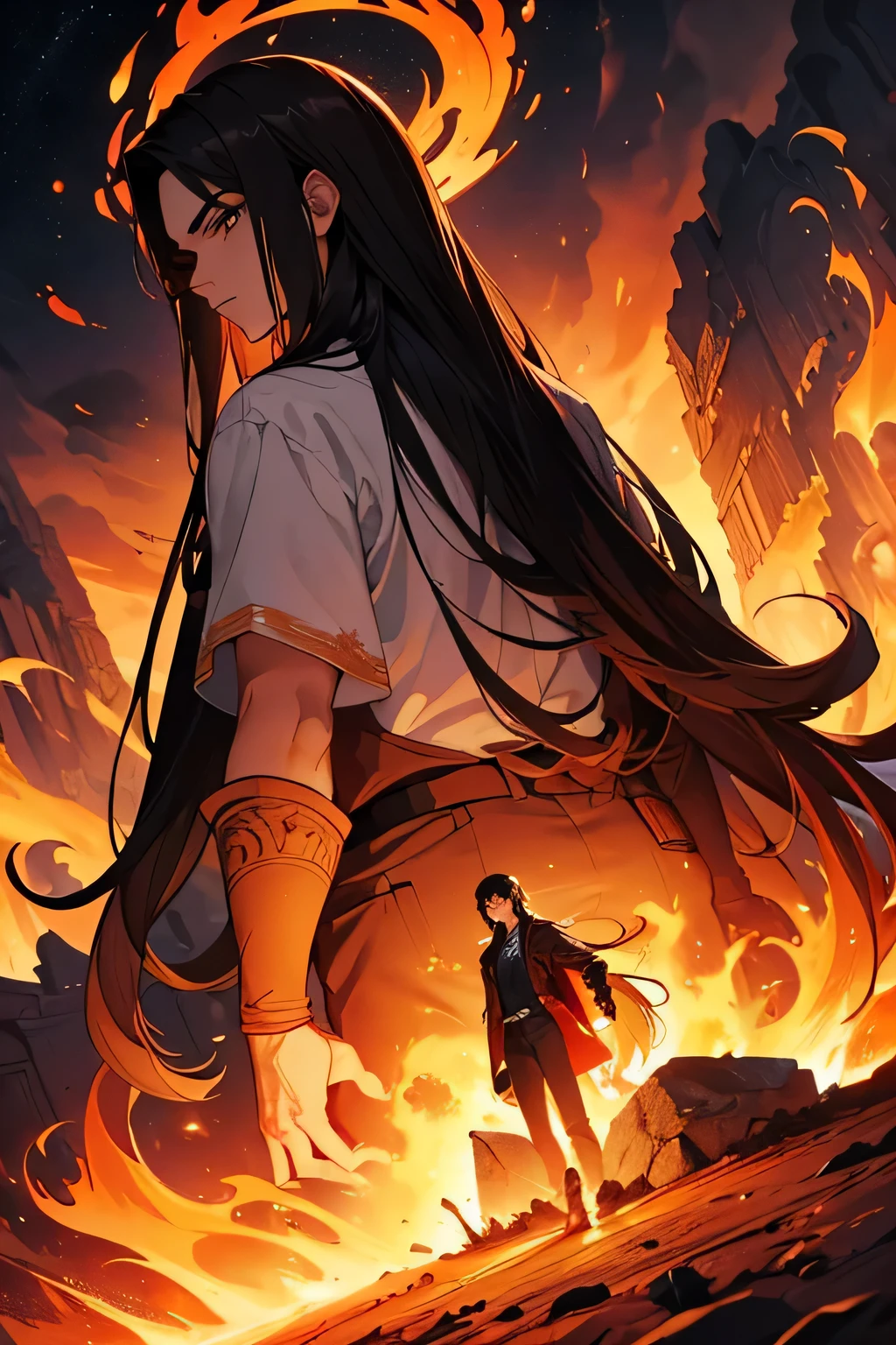 (masterpiece, high quality, highly detailed background, dramatic) Two men. Fiery hell background. Man 1 is tall with long black hair and has brown eyes. Man 2 is short with long brown hair and has brown eyes.