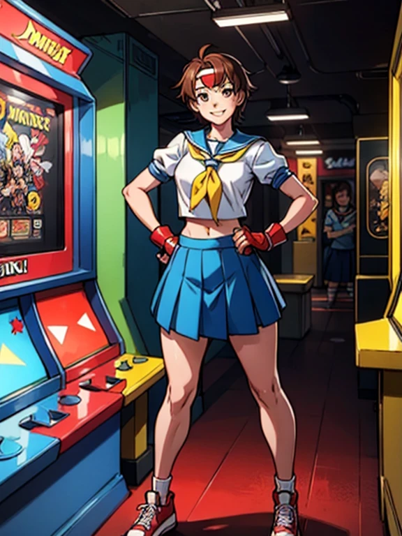 sakura, short brown hair, brown eyes,white headband, blue serafuku, shirt, yellow neckerchief, midriff, blue skirt, red fingerless gloves, red shoes, looking at viewer, smiling, full body shot, standing, inside a arcade, arcade cabinet, dark, neon lighting, high quality, masterpiece