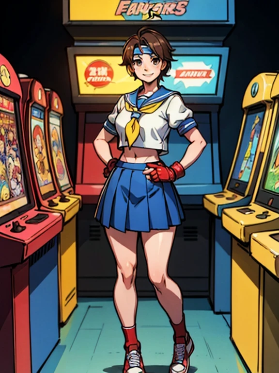 sakura, short brown hair, brown eyes,white headband, blue serafuku, shirt, yellow neckerchief, midriff, blue skirt, red fingerless gloves, red shoes, looking at viewer, smiling, full body shot, standing, inside a arcade, arcade cabinet, dark, neon lighting, high quality, masterpiece