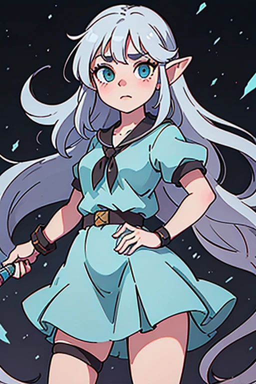 ghibly studios style, dreamy colour palette, A mage elf with long thick grey hair and green eyes, rises from the dust with a determined glare and a huge magical enchanted mithril sword in her hand ready to fight. ultra high definition, 16:09 ratio, ready to be animated, pretty eyes, Blush, pastel color, Retro anime, 1990s anime, masterpiece, Best quality, anime school girl style