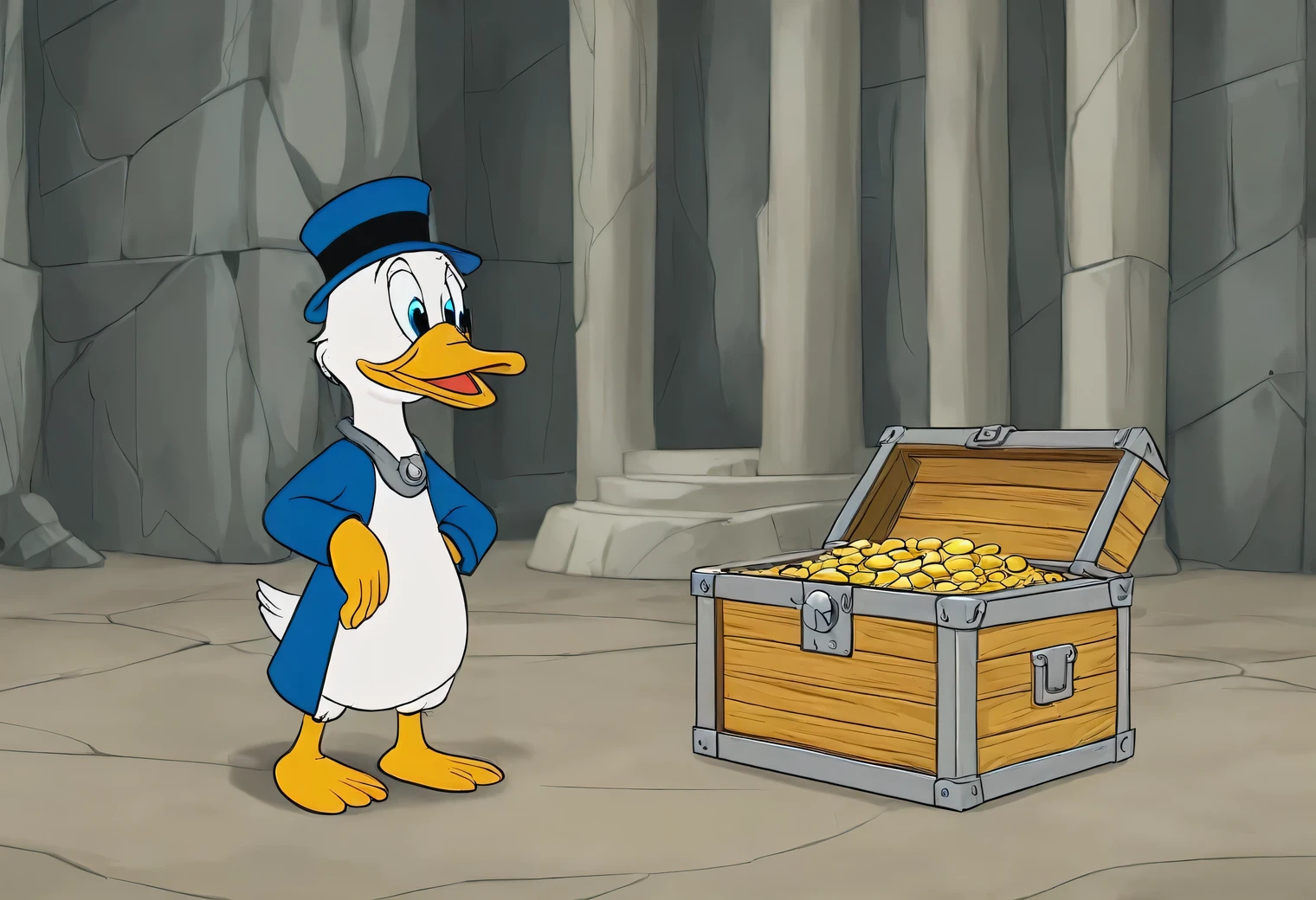 an image in the style of 90s Cartoons, a plot from the cartoon Duck Stories, Scrooge McDuck and Zigzag Mccrack found a large treasure chest in an old abandoned castle