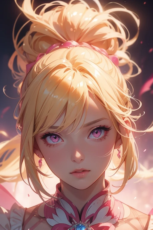 anime girl with blonde hair in a bun, pink eyes, wearing prom dress, realistic, 8k, hyperdetailed, cinematic lighting, concept art, vibrant colors, dramatic shadows, highly detailed facial features, elegant pose, dynamic composition, masterpiece