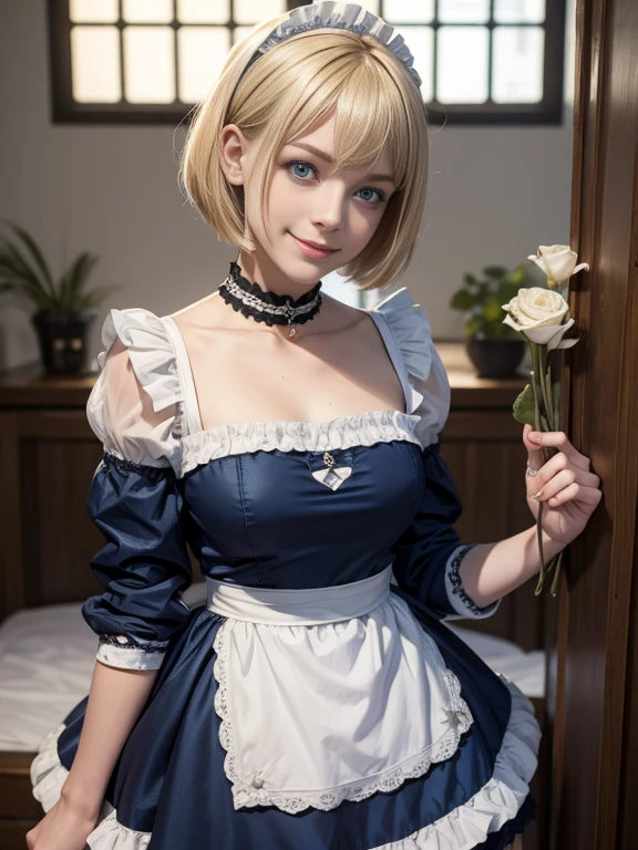 8K,Masterpiece,One woman,Smile,30 years old,blue eyes,Blonde Hair,Short Bob Hair,(Maid Dress),Ella Freya, a beautiful Dutch YouTuber(Ella Freya),