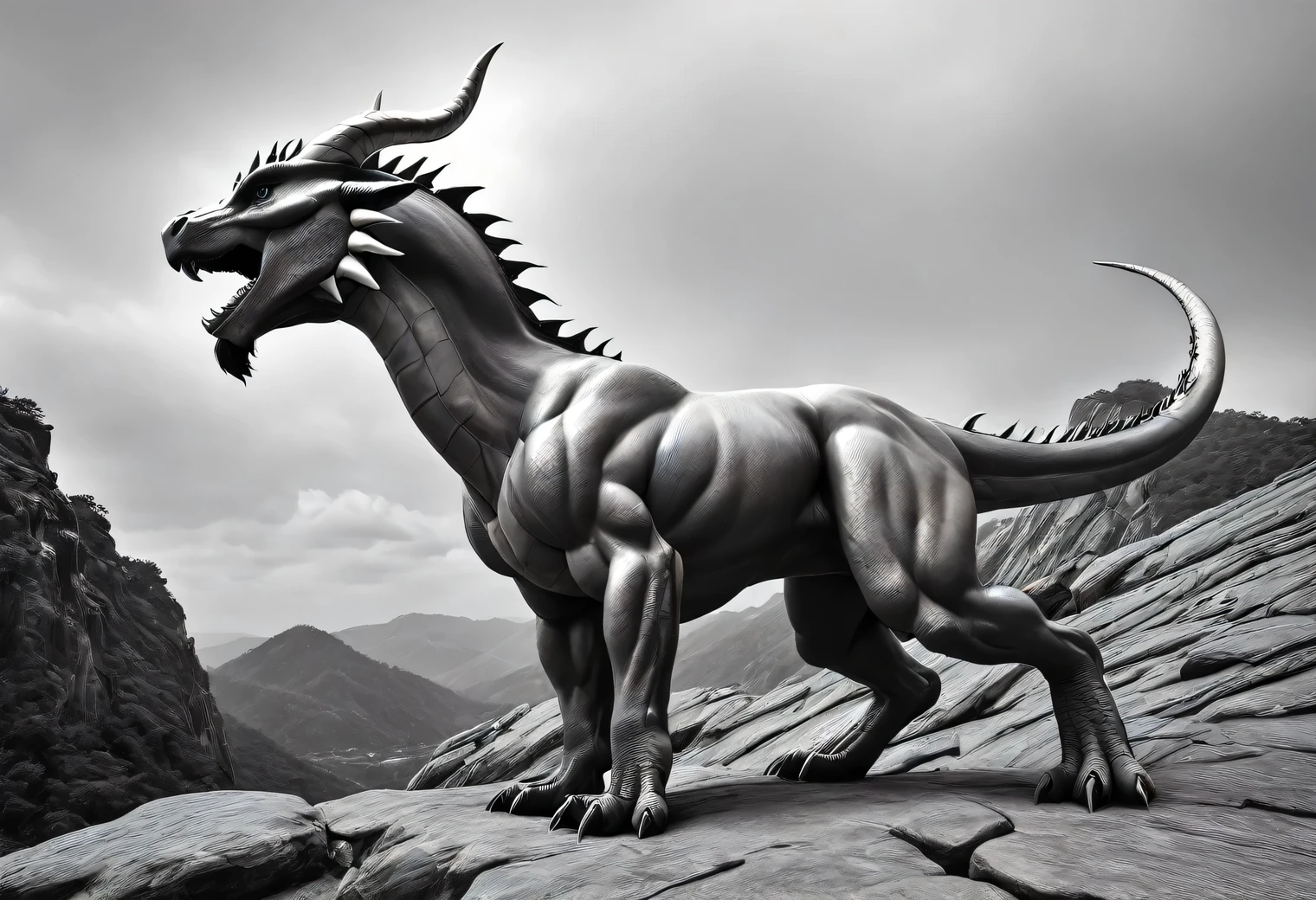 Realistic black and white photo, A large and powerful white dragon with extremely smooth and glossy skin stands on a rocky plateau, the smooth and elastic texture of the dragon's skin is shown in detail, developed muscles, the black tattoo of the eastern dragon is applied on the shoulders of the dragon, the tattoo is shown in detail, high resolution, high definition, high detail, 32k