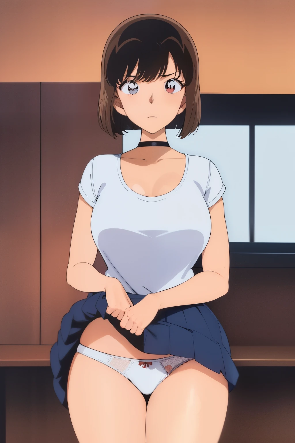 score_9, score_8_superior, score_7_superior, score_6_superior, score_5_superior, score_4_superior, break, sauce_anime, 1980s (style), retro artstyle, 1980s anime cels style, anime screencap, (Flat Color), break, One girl, Shaking breasts, , bangs, short hair, Brown Hair, Cowboy Shot, Panties、白いPanties、Skirt Lift、Her skirt is flipped up、Curvaceous、Large Breasts、Thick thighs、ピチピチのPanties
