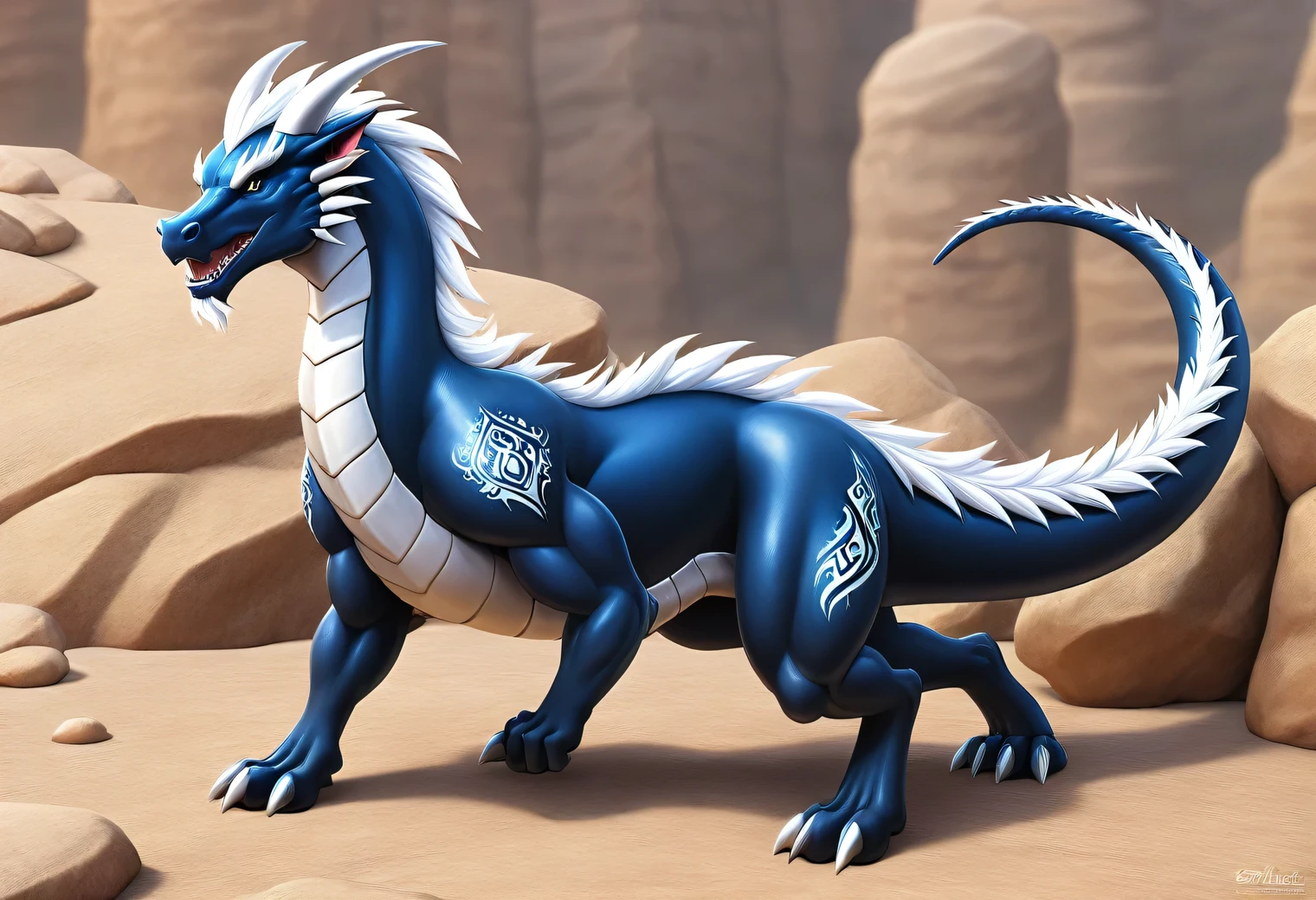 A large and powerful white dragon with extremely smooth and glossy skin stands on a rocky plateau, the smooth and elastic texture of the dragon's skin is shown in detail, developed muscles, the black tattoo of the eastern dragon is applied on the shoulders of the dragon, the tattoo is shown in detail, high resolution, high definition, high detail, 32k