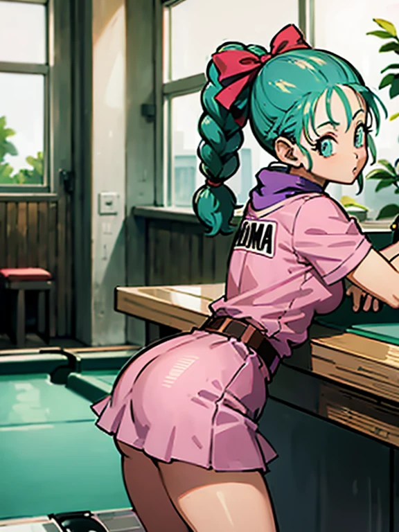 masterpiece, best quality, high resolution, dragon ball, blmpony, aqua hair, hair ribbon, braided ponytail, pink shirt, belt, scarf, pink skirt, clothes writing, brown gloves, medium breasts, in back pose, playing pool table, leaning on the pool table with her butt up high showing her ass