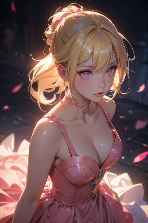 anime girl with blonde hair in a bun, pink eyes, wearing prom dress, realistic, 8k, hyperdetailed, cinematic lighting, concept art, vibrant colors, dramatic shadows, highly detailed facial features, elegant pose, dynamic composition, masterpiece