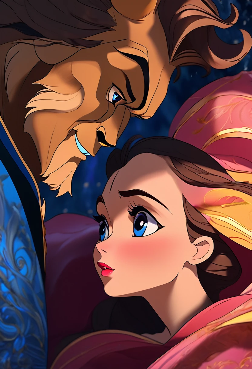 beauty and the beast, beautiful detailed eyes, beautiful detailed lips, extremely detailed eyes and face, long eyelashes, 1 girl, 1 boy half wild dog, fantasy, cartoon, cinematic lighting, hyper detailed, 8k, highly detailed, masterpiece , photorealistic, vivid colors, intricate details, atmospheric lighting, dramatic lighting, fantasy art, digital painting, matte painting