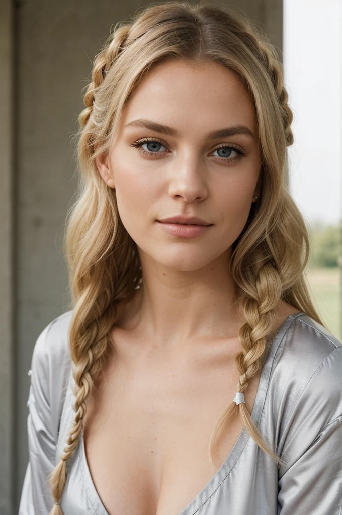 A very beautiful blonde woman, actrice, photographie glamour primée,(Best quality), (Realistic), KarolinaDemy:0.9, piercing eyes, regarder droit, Très heureux, quadruple braids and lock of slightly silvery hair, in an outfield, Afternoon light, dans un pyjama en soie moulant, grosse poitrine