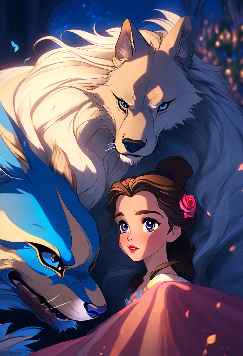 beauty and the beast, beautiful detailed eyes, beautiful detailed lips, extremely detailed eyes and face, long eyelashes, 1 girl, 1 boy half wild dog, fantasy, cartoon, cinematic lighting, hyper detailed, 8k, highly detailed, masterpiece , photorealistic, vivid colors, intricate details, atmospheric lighting, dramatic lighting, fantasy art, digital painting, matte painting