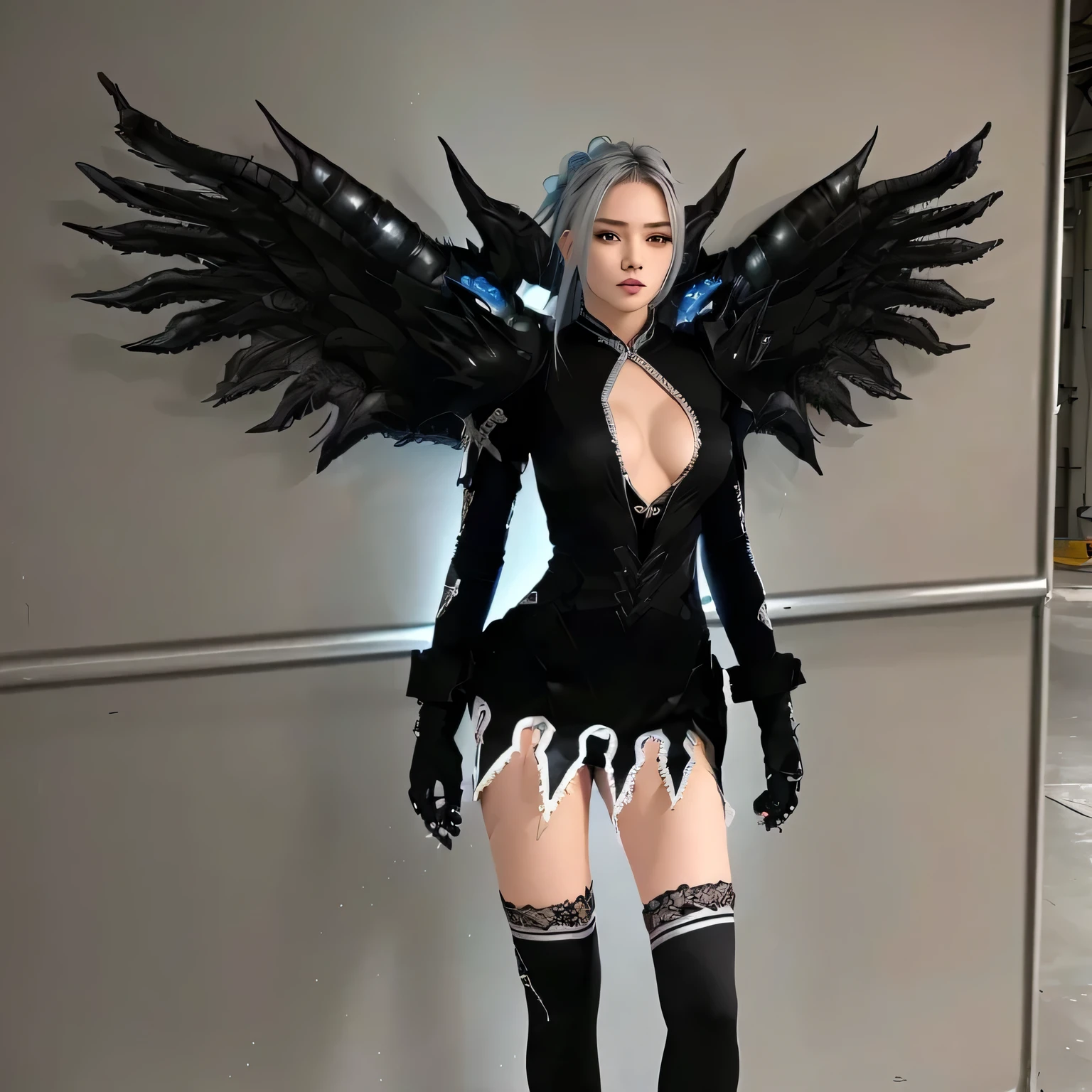 realistic photo of 1 girl, sexy, blue gray hair, wearing black dragon costume,ran online, 8k,dslr,ultrarealistic texture,analog folm,highly detailed, atmospheric perspective,metal in mid cloth same in pants