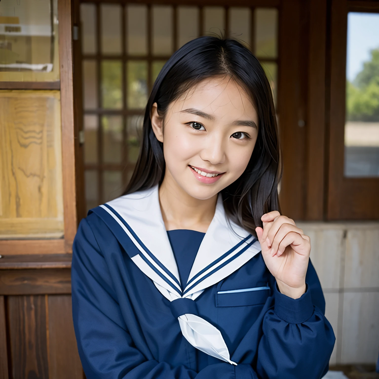 (masterpiece, highest quality:1.2), One girl, alone, Sailor suit, dark blue, Long sleeve, smile, ************