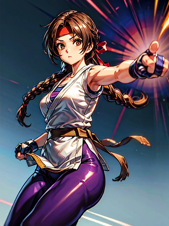 masterpiece,best quality, unreal engine, ultra res, extremely detailed,
1woman, medium breasts,  waist , (muscular:0.8) ,slender,
YURIMS, HEADBAND, DOUGI, SPANDEX, GLOVES, FINGERLESS GLOVES, LEGGINGS
hews style CSR STYLE
round breasts,medium breasts, 
fighting stance, punch, 1arm up