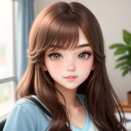 College student, 18-year-old girl. Detailed face, Detailed eyes, double eyelid, cute, warm vibes, hot-seductive-sexy-cute-beautiful-girl with brown hair and blushing face. 