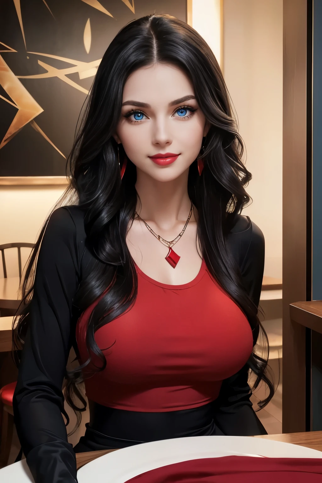 Caucasian woman, ((black hair)), wavy hair, long hair, hair in a ponytail, blue eyes, lined eyes, shiny eyes, highlights blue eyes, red lipstick, makeup, smile; athletic body, (medium breasts), nipples; (((red top))), ((Top with long sleeves)); earrings, necklace, bracelets; in elegant restaurant, sitting, front view.