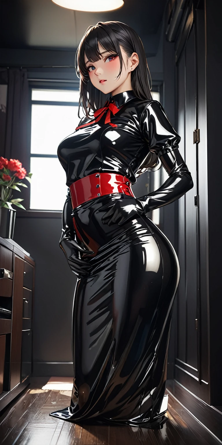 (masterpiece,highest quality,超A high resolution),Japanese women, (((Very beautiful 25 year old girl))),(Black latex maid outfit)、Black latex long skirt、Black latex long sleeve shirt、Long gloves in black latex、black latex tights、Red ribbon、The clothes fit very well、Latex has a very strong shine、Dark Room