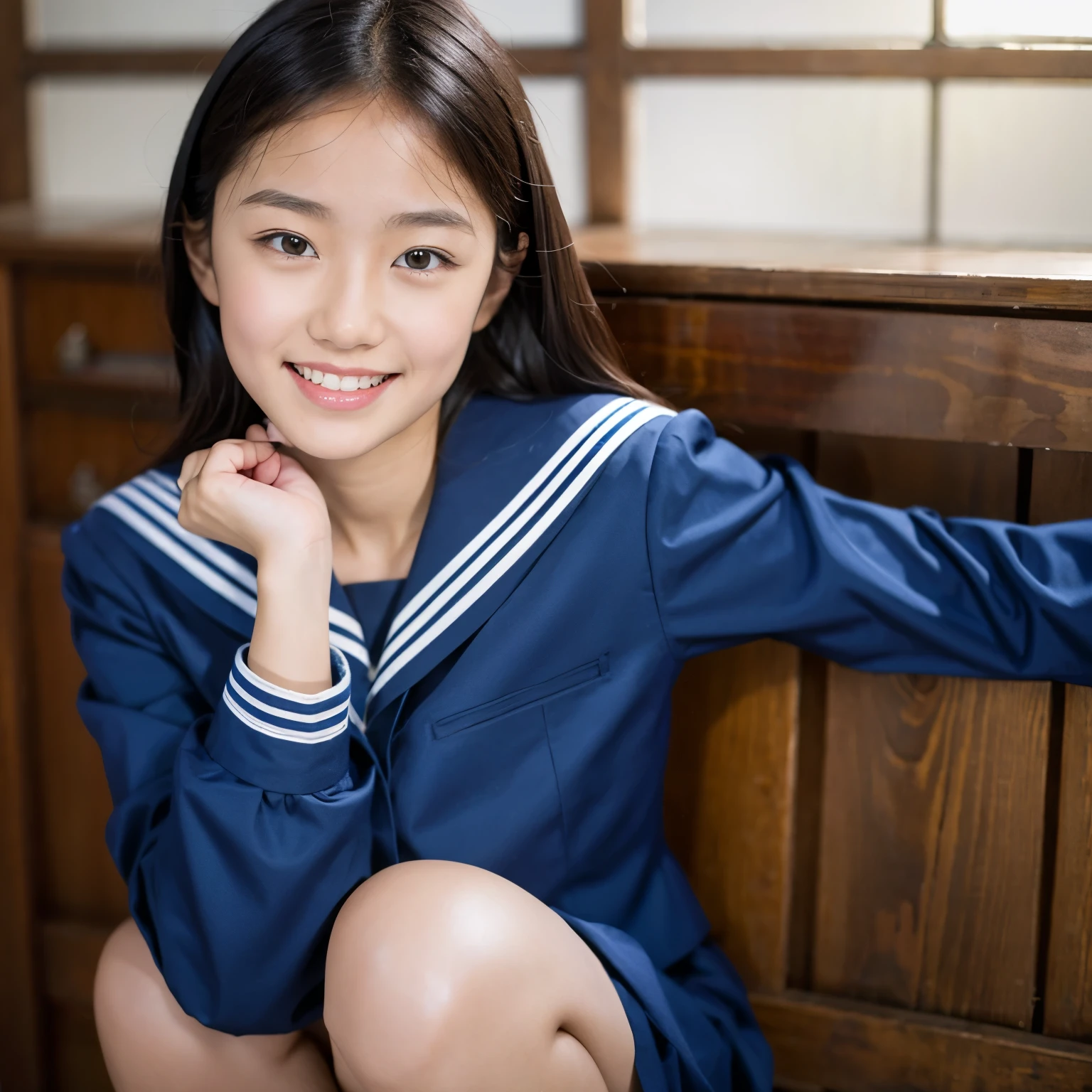 (masterpiece, highest quality:1.2), One girl, alone, Sailor suit, dark blue, Long sleeve, smile, 