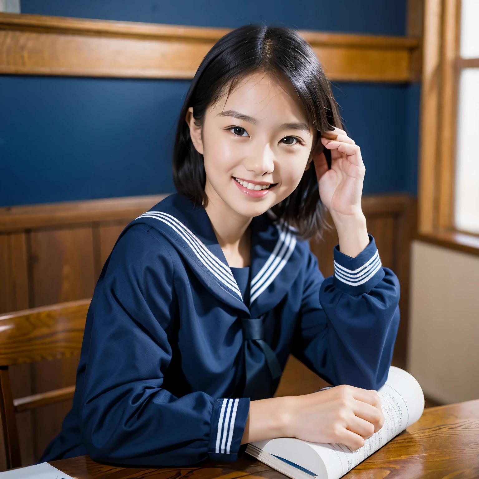 (masterpiece, highest quality:1.2), One girl, alone, Sailor suit, dark blue, Long sleeve, smile, ************