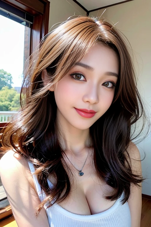 ((Full Body Angle))、((highest quality, 8K, masterpiece: 1.3)), concentrated: 1.2, Cute girl 1,Nipples erect、 Perfect beauty: 1.4, women's tank tops Raglan sleeve summer short sleeve : 1.2,Long sleeve、Randall Color、comics&Text Graphics、Black ruffle-trimmed drawstring zip blouse,1.1, Highly detailed face and skin textures, Fine grain, double eyelid, whitening skin, ,highest quality,Ultra-high resolution,you,1 girl,alone,_Shiny_skin,Iris,necklace,((Brown_length_Wavy_hair)),(lips)),eyelash,Front hair,deal with,compensate,Shiny,pore,skin texture,Large Breasts、smiling face、