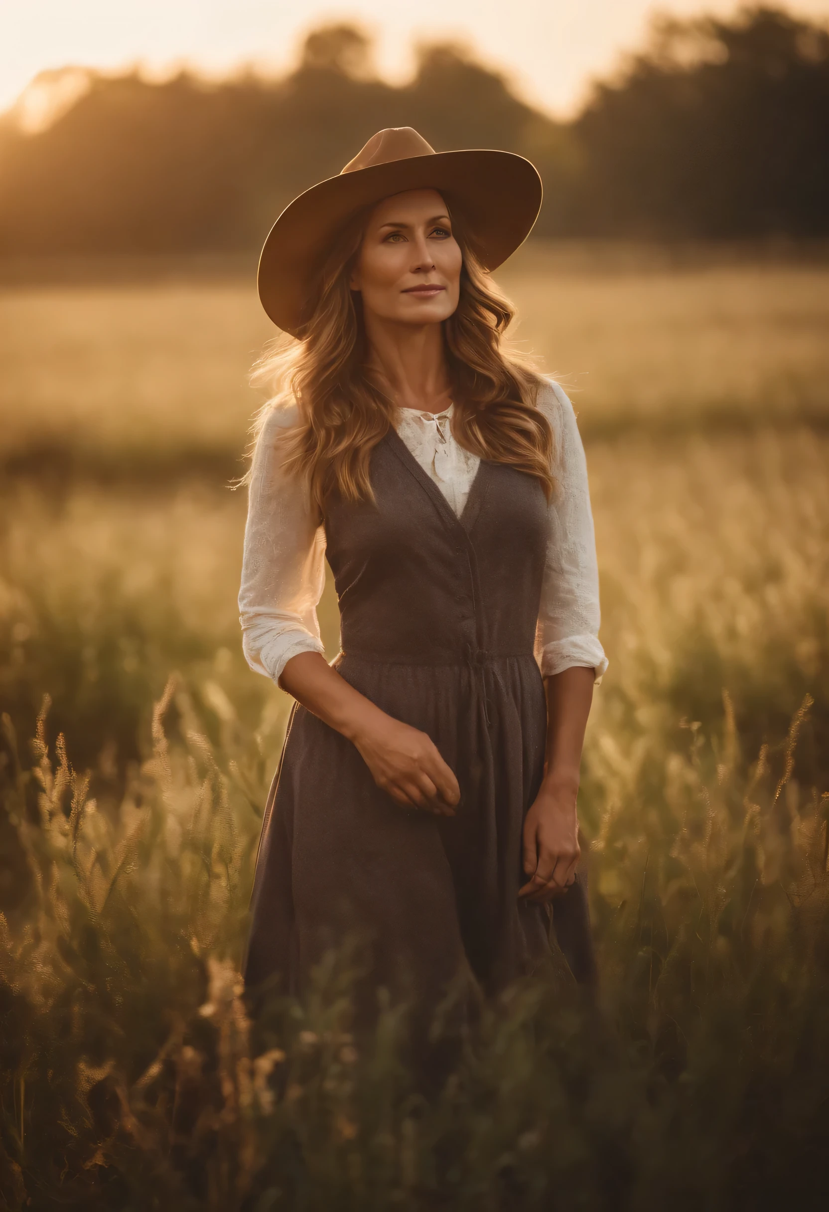 Retrato de uma garota do interior na casa dos trinta, dressing well in a farm field, early morning after sunrise