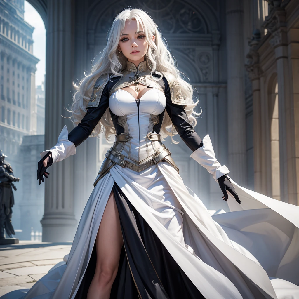 A fabulous design for the dress of the steel fighter with curly white hair