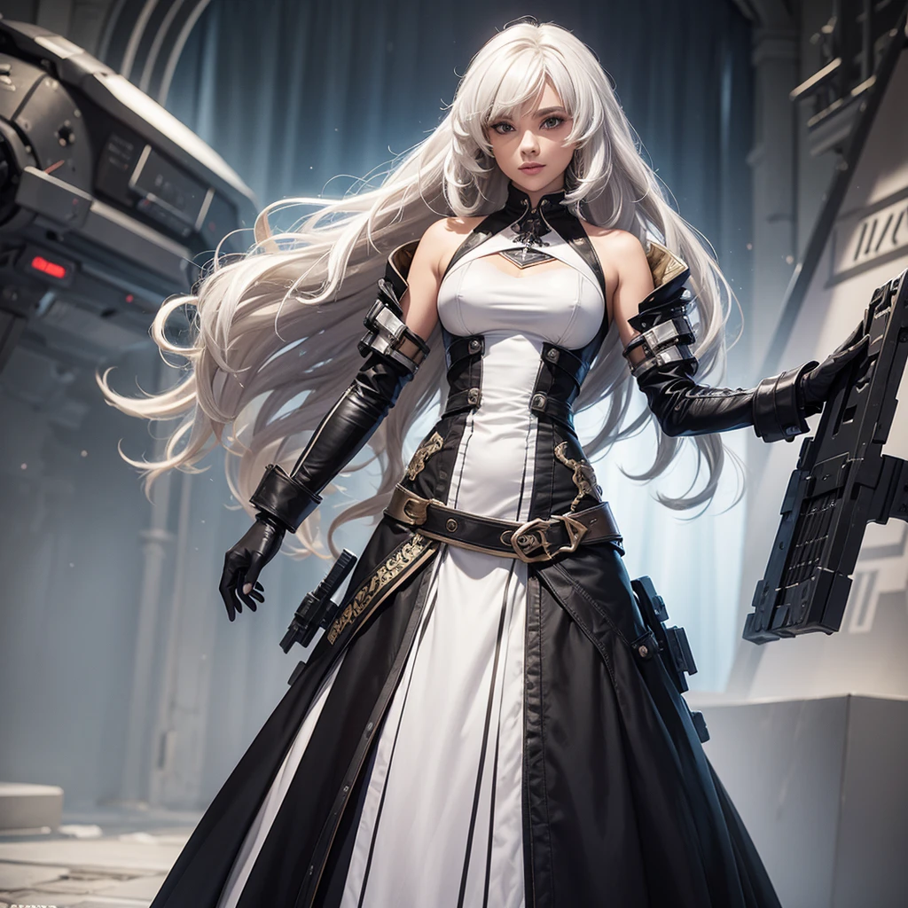 A fabulous design for the dress of the steel fighter with curly white hair