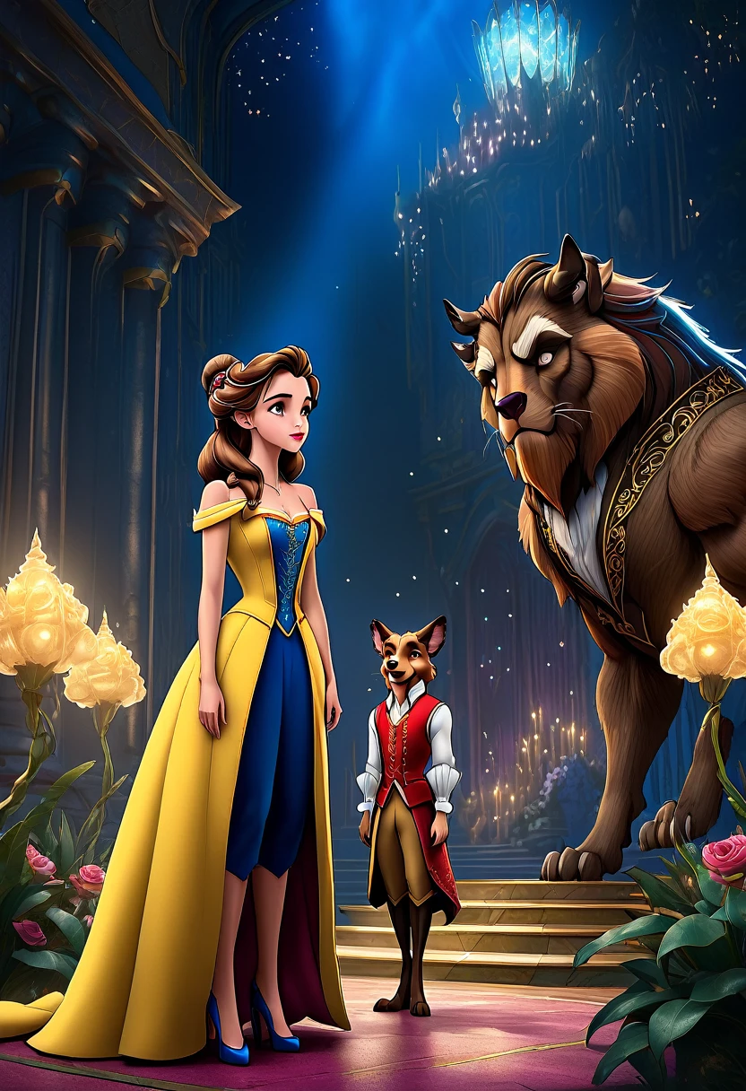 ((full body, full shot:1.4)), ((beauty and the beast:1.5)), beautiful detailed eyes, beautiful detailed lips, extremely detailed eyes and face, long eyelashes, 1 girl in princess dress, 1 boy half wild dog, in suit elegant, fantasy, cartoon, cinematic lighting, hyper detailed, 8k, highly detailed, masterpiece, photorealistic, vivid colors, intricate details, atmospheric lighting, dramatic lighting, fantasy art, digital painting, matte painting