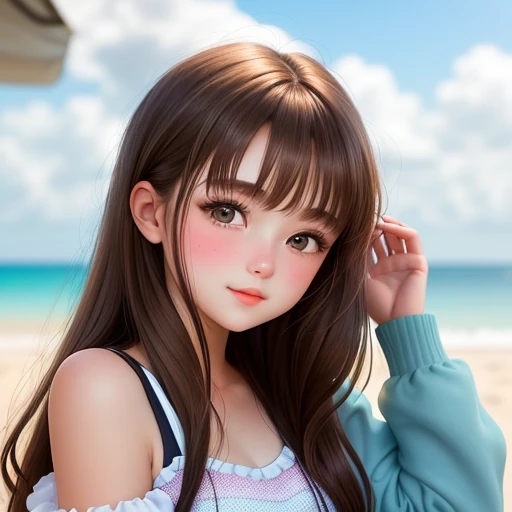 18-year-old girl. Detailed face, Detailed eyes, double eyelid, cute, warm vibes, hot-seductive-sexy-cute-beautiful-girl with brown hair and blushing face. Hanging out at beach. 