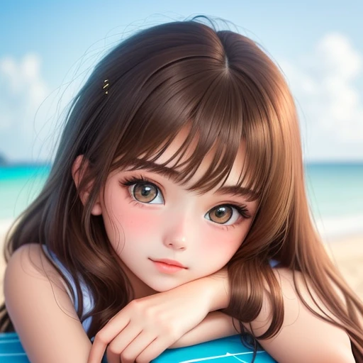 18-year-old girl. Detailed face, Detailed eyes, double eyelid, cute, warm vibes, hot-seductive-sexy-cute-beautiful-girl with brown hair and blushing face. Hanging out at beach.