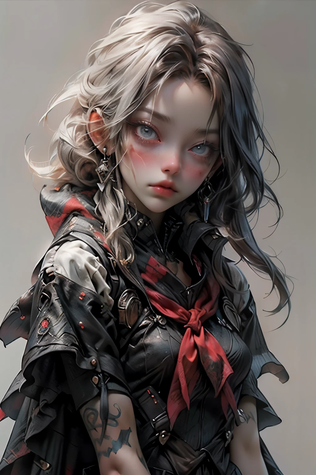 ((best quality)), ((masterpiece)), (detailed), perfect face, ((best quality)), ((masterpiece)), (detailed), perfect face(Golden ratio:1.2),(Fault color:1.3),[(White background:1.4)::10], (full bodyesbian:1.2),(Ultra-detailed:1.3), （white color background）white background, plain background, teens girl，White hair，Red glowing eyes, photorealestic,（（（Red and white trench coat））），（Red scarf)，a black pleated skirt，black t-shirts，longer sleeves，（（With a hood）），side-lighting, NSFW, Depicting female characters from ethereal anime in a high-quality anime art style，，，8K，Red and white shoes with a sense of technology，(chaotic geometric images:1.3),(nagative space:0.8), (ether colorful ink flowing:1.3), a knight, white background, plain background, Bloodborne inspired, tatty Bloodborne attire, occult aesthetic, occult, tatty red and white clothing detailed and intricate steampunk and detailed gothic lolita (with a hood), long coat, Complex laced boots, Fluttering lace flared long knee length dress with frilly petticoats, long dress, knee length dress, pleated petticoats, lolita dress, petticoats gothic lolita, beautiful small breasts, (((( Highly detailed face))), small thin nose, Small thin lips mouth, (((Very sharp focused eyes))), Very large slit precision pale grey eyes that shine like jewels. very long eyelashes, Silver hair swaying in the wind, Emitting a dazzling light in a mandala pattern, white background, Very dramatic and cinematic lighting, tatty damaged old red and white clothing, full body, whole body, body, cosmic horror, grim dark
