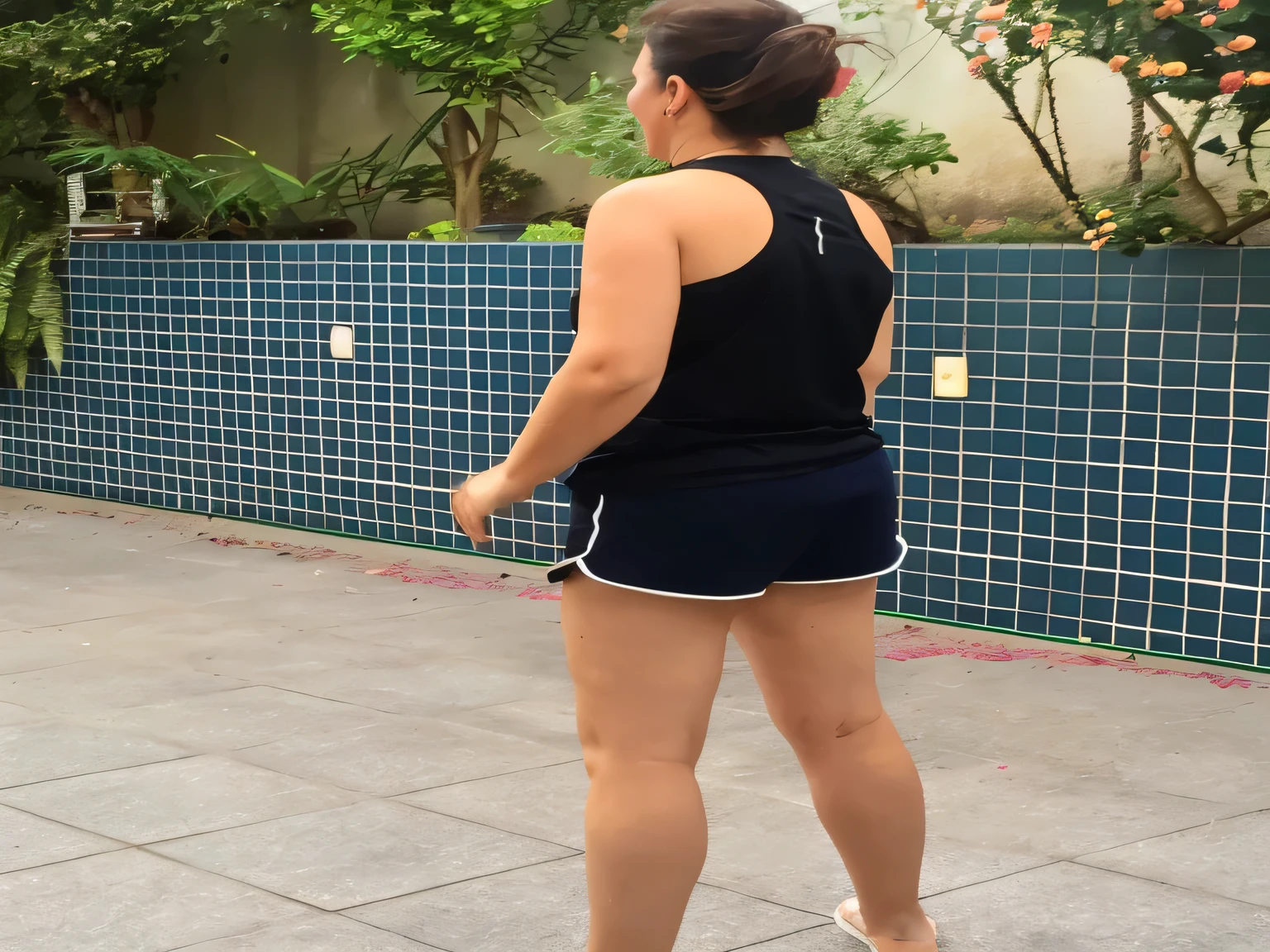 there is a woman standing on a sidewalk with a tennis racket, in shorts, side view of her taking steps, squatting down next to a pool, backshot, long shot from back, seen from the back, in full growth from the back, from back, back - shot, back shot, back pose, backview, long shot from the back