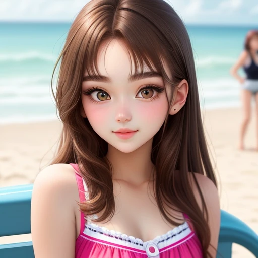 20-year-old girl. Detailed face, Detailed eyes, double eyelid, cute, warm vibes, hot-seductive-sexy-cute-beautiful-girl with brown hair and blushing face. Hanging out at beach.