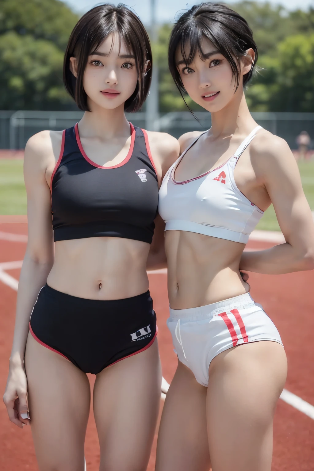 ((highest quality)), ((masterpiece)), (detailed), (Tabletop:1.0), (highest quality:1.4), (High resolution:1.2), (Realistic:1.4),8k, RAW Photos:1.2,All Focus:1.2, Beautiful symmetrical single eyelids:1.2,(Beautiful white tooth smile:1.2),(A cute beautiful idol face:1.2),Thin and slightly thin eyebrows, (Black bob hair:1.4),(Beautiful white detailed skin:1.2),(((Two Japanese 美しい female athletes in their twenties competing in track and field events:1.2))),(((Muscular and slender model body:1.8))),((Fine abdominal muscles:1.4)),(Muscular limbs and slim thighs:1.3),(((Ultra-tight and very short vivid red and blue multicolored flashy track and field uniforms:1.2))),(Groin and hip bones visible:1.3),(Small Ass:1.25),(((very Quite small breasts:1.8))),(((side line design hghi-leg athletics bloomers:1.3))),(short cut:1.2),((Cowboy shot from the front,Two people of different heights standing side by side looking at me:1.3)),(Bright outdoor athletics field:1.3),