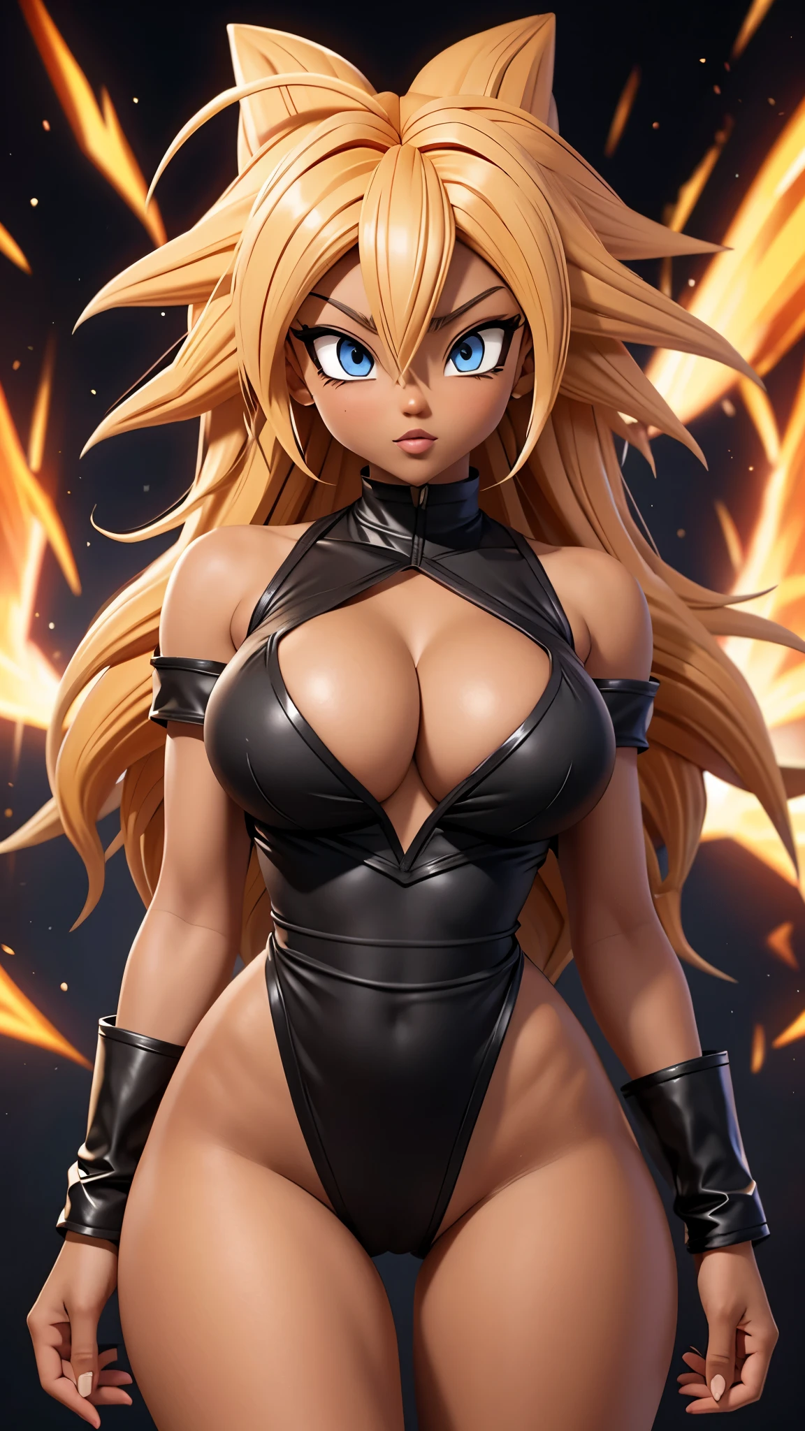 wide eyed, black female goku, blonde sprike hair, super saiyan, big breast
