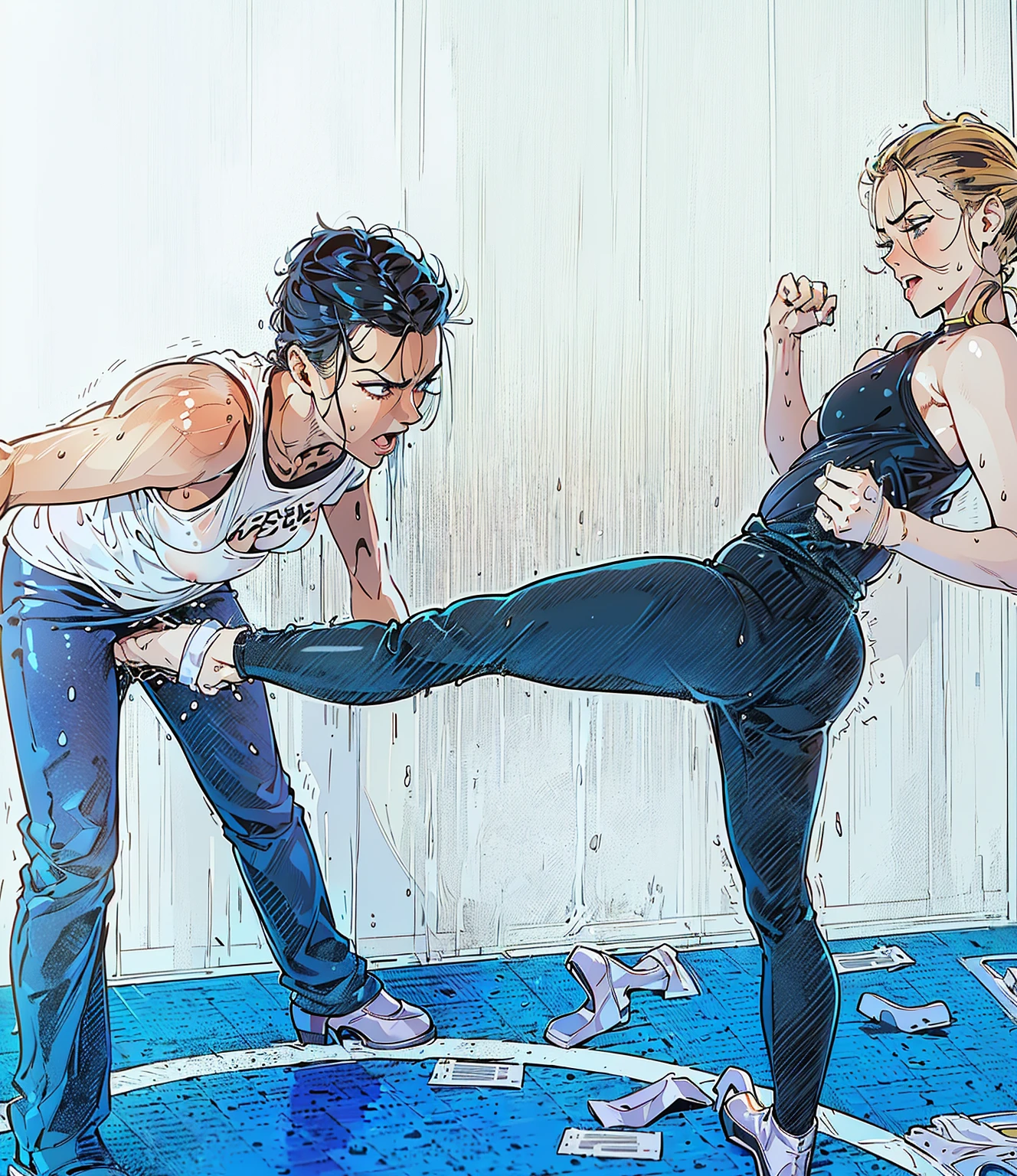 1 man 1 girl ;Sexy Manga comic sensual brunette girl blue eyes wet white t-shirt v-neckline, black latex skirt and high heels boots she is squeezing a man in his groin(nsfw)(bigboob)(highly detailed) (concept art) (manga) (anime) (draw) (face anime detailed) (comics)(ballbusting)(wet t-shirt) (wet girl) (nipples)