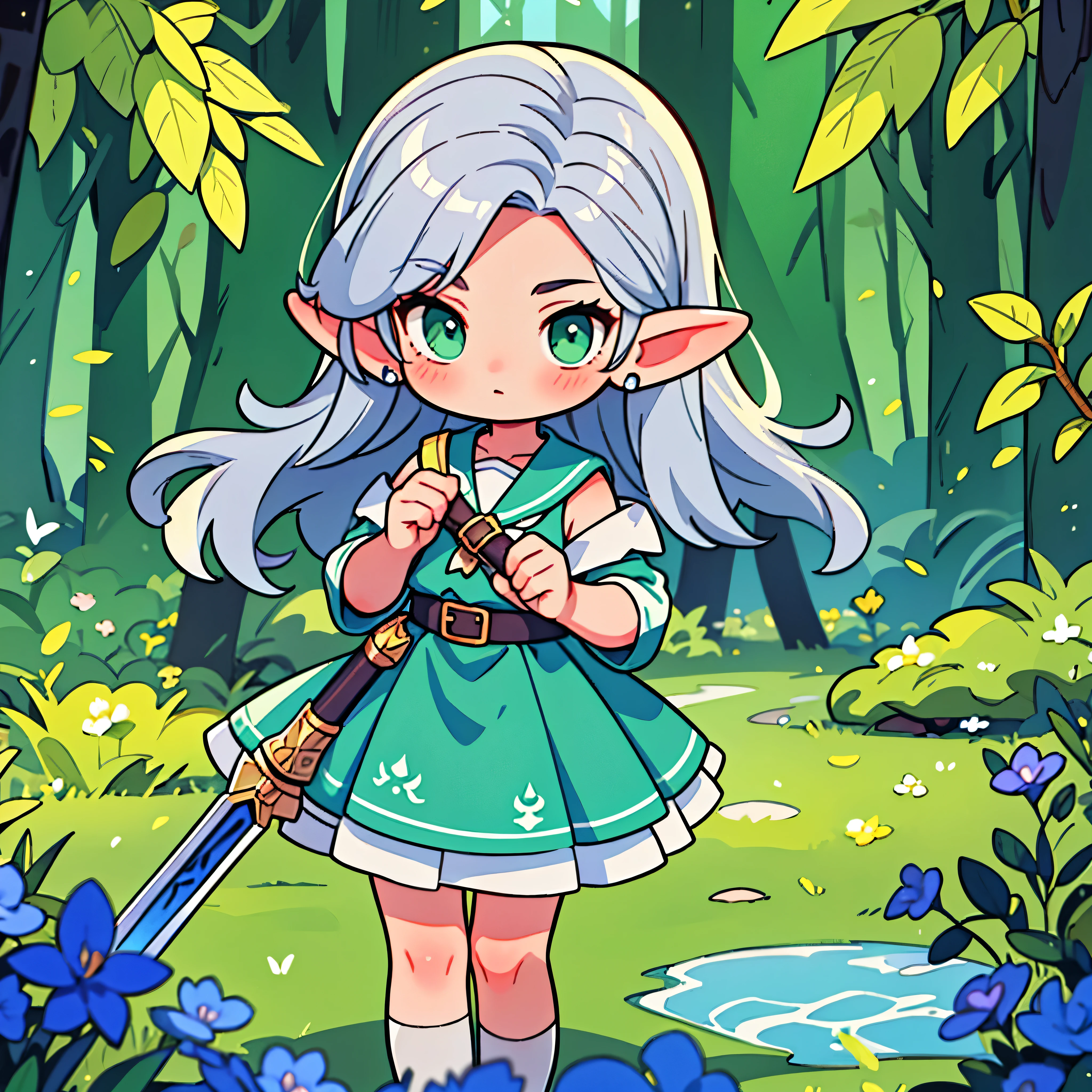 ghibly studios style, dreamy colour palette, A mage elf with long thick grey hair and green eyes, flying above an forest elf cty and a huge magical enchanted mithril sword in her hand ready to fight. ultra high definition, 16:09 ratio, ready to be animated, pretty eyes, Blush, pastel color, Retro anime, 1990s anime, masterpiece, Best quality, anime school girl style