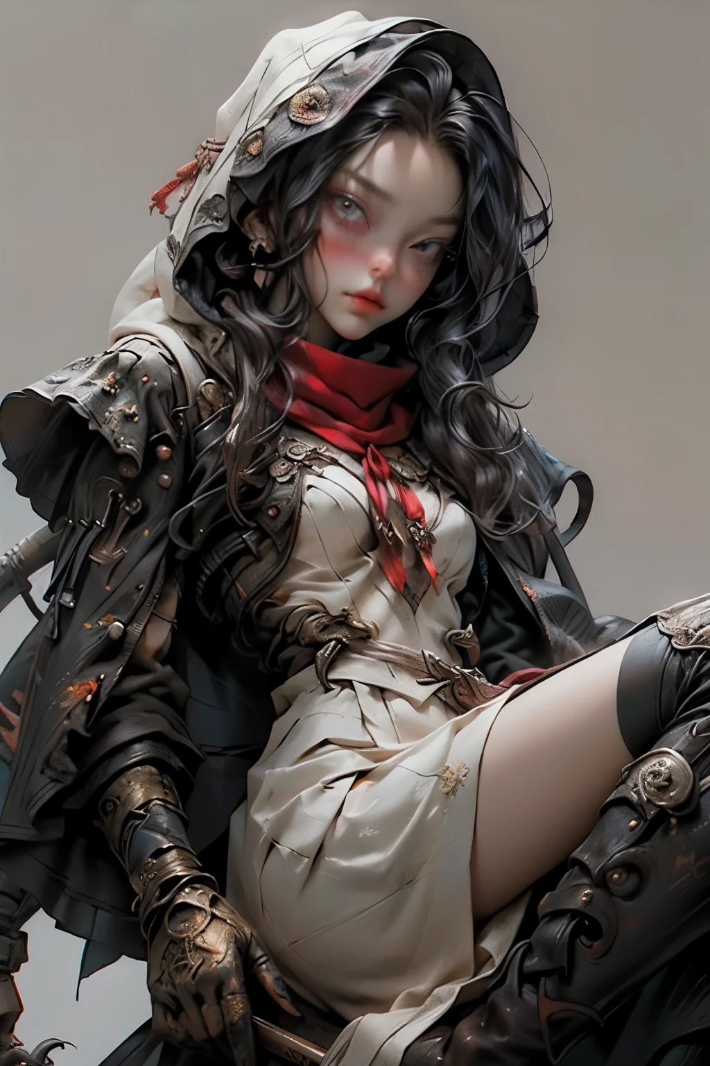 ((best quality)), ((masterpiece)), (detailed), perfect face, ((best quality)), ((masterpiece)), (detailed), perfect face(Golden ratio:1.2),(Fault color:1.3),[(White background:1.4)::10], (full bodyesbian:1.2),(Ultra-detailed:1.3), （white color background）white background, plain background, teens girl，White hair，Red glowing eyes, photorealestic,（（（Red and white trench coat））），（Red scarf)，a black pleated skirt，black t-shirts，longer sleeves，（（With a hood）），side-lighting, NSFW, Depicting female characters from ethereal anime in a high-quality anime art style，，，8K，Red and white shoes with a sense of technology，(chaotic geometric images:1.3),(nagative space:0.8), (ether colorful ink flowing:1.3), a knight, white background, plain background, Bloodborne inspired, tatty Bloodborne attire, occult aesthetic, occult, tatty red and white clothing detailed and intricate steampunk and detailed gothic lolita (with a hood), long coat, Complex laced boots, Fluttering lace flared long knee length dress with frilly petticoats, long dress, knee length dress, pleated petticoats, lolita dress, petticoats gothic lolita, beautiful small breasts, (((( Highly detailed face))), small thin nose, Small thin lips mouth, (((Very sharp focused eyes))), Very large slit precision pale grey eyes that shine like jewels. very long eyelashes, Silver hair swaying in the wind, Emitting a dazzling light in a mandala pattern, white background, Very dramatic and cinematic lighting, tatty damaged old red and white clothing, full body, whole body, body, cosmic horror, grim dark