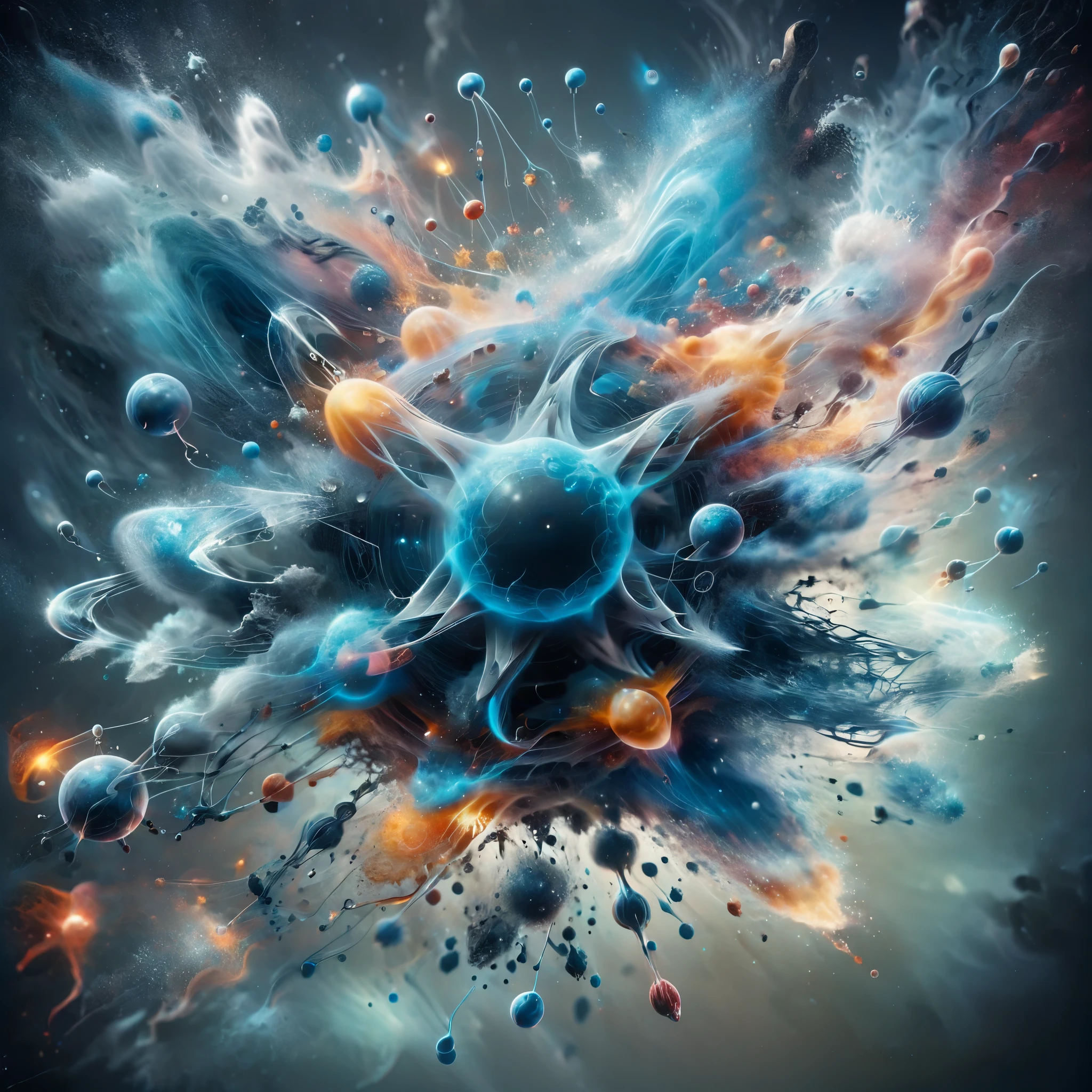 A dream-like, fantastical depiction of an atom with unexpected, imaginative elements, dripping art style