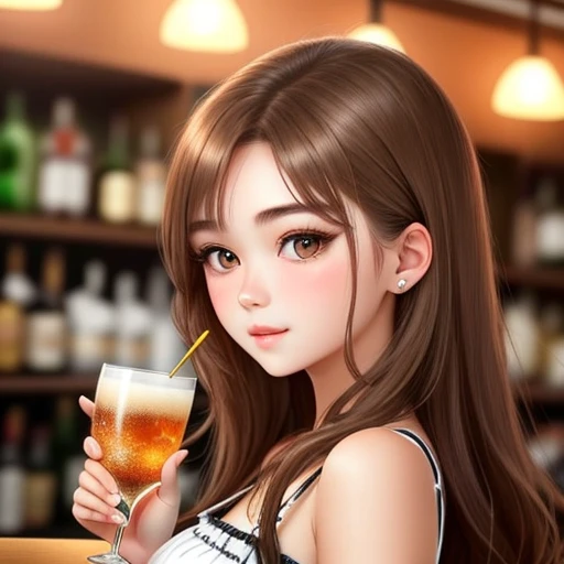 20-year-old girl. Detailed face, Detailed eyes, double eyelid, cute, warm vibes, hot-seductive-sexy-cute-beautiful-girl with brown hair and blushing face. At the bar. Drunk.