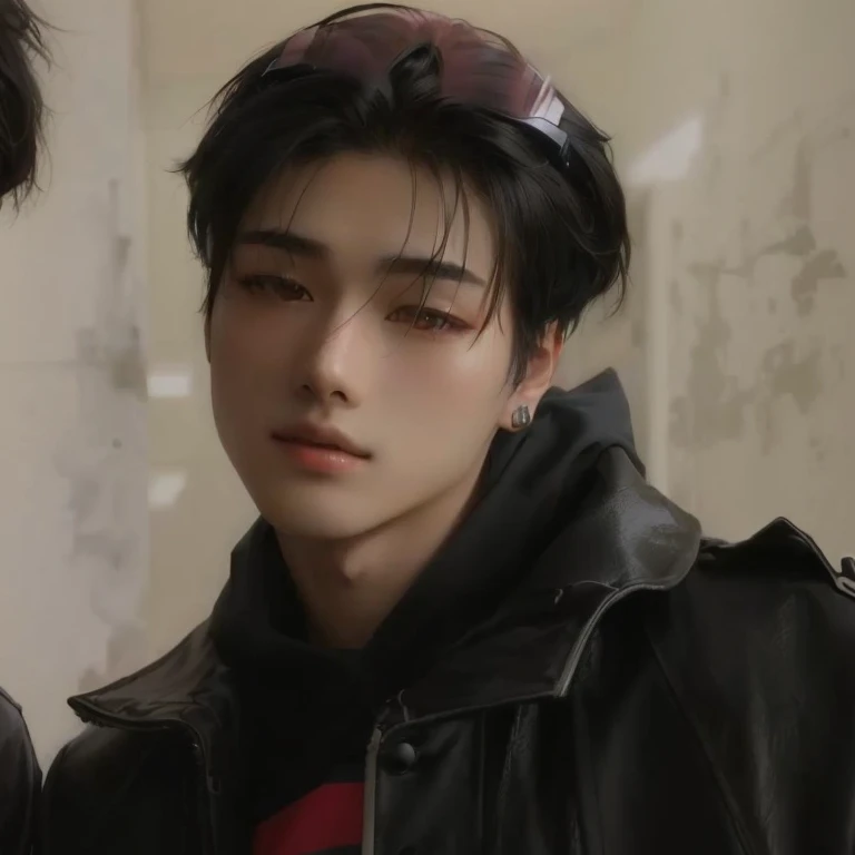 there are two young people standing next to each other, cai xukun, Jung Jaehyun, jinyoung shin, delicate androgynous prince, beautiful androgynous prince, con el mismo peinado, pale korean adorable face, young pale angel, hyung tae, aesthetic jinyoung pimple, tiene una forma de cabeza alargada, con su largo cabello negro, un hombre guapo,pelo corto negro