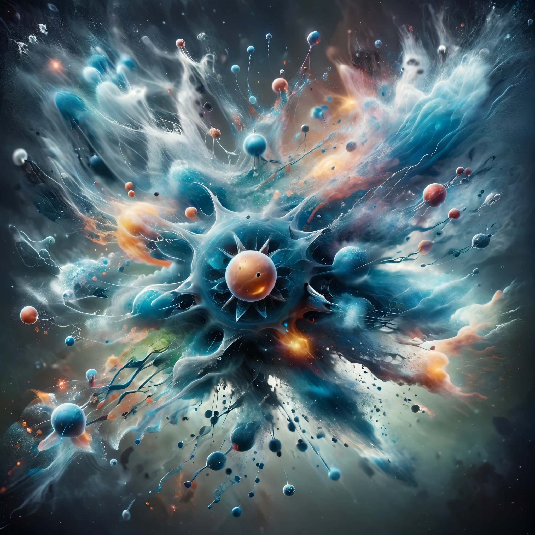A dream-like, fantastical depiction of an atom with unexpected, imaginative elements, dripping art style