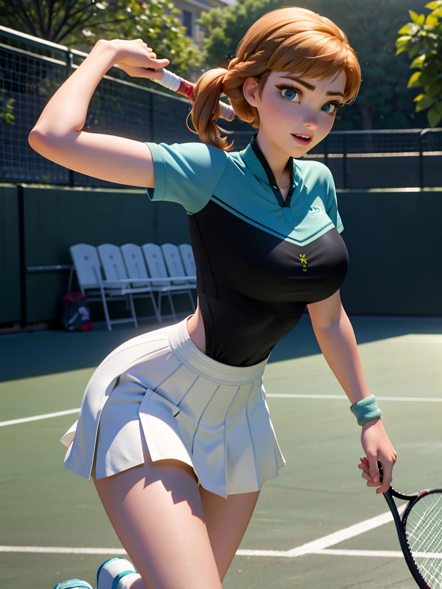 Photo of Anna of Arendelle as a tenis player, tenis court, tenis clothes, tenis outfit, action: playing tenis, Anna from Disney Frozen movie, tall and sexy, superb face, perfect body, provocative, Nice, show breasts, huge breasts, tall, sexy legs, bursting huge breasts, wide hips, busty, sexy, enormous breasts, happy.