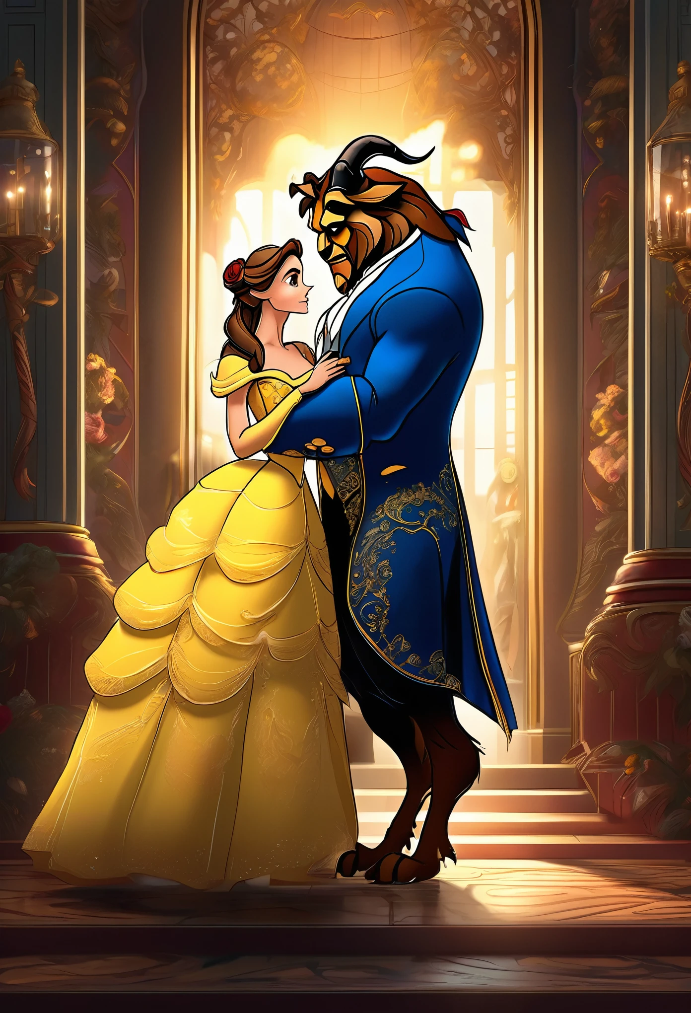 ((full body, full shot:1.4)), ((beauty and the beast:1.5)), beautiful detailed eyes, beautiful detailed lips, extremely detailed eyes and face, long eyelashes, 1 girl in princess dress, 1 boy half wild dog, in suit elegant, fantasy, cartoon, cinematic lighting, hyper detailed, 8k, highly detailed, masterpiece, photorealistic, vivid colors, intricate details, atmospheric lighting, dramatic lighting, fantasy art, digital painting, matte painting