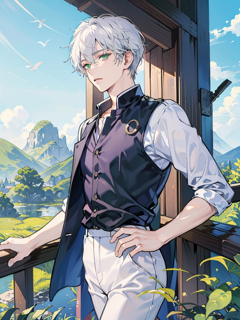 Very beautiful boy、white hair、green eyes , country scenery、White cutter shirt、half-pants、Natural lighting、Studio Ghibli、blue-sky、hight resolution、Best Quality,